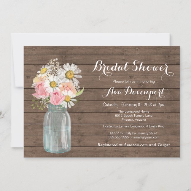 Rustic Mason Jar & Flowers Baby or Bridal Shower Invitation (Front)