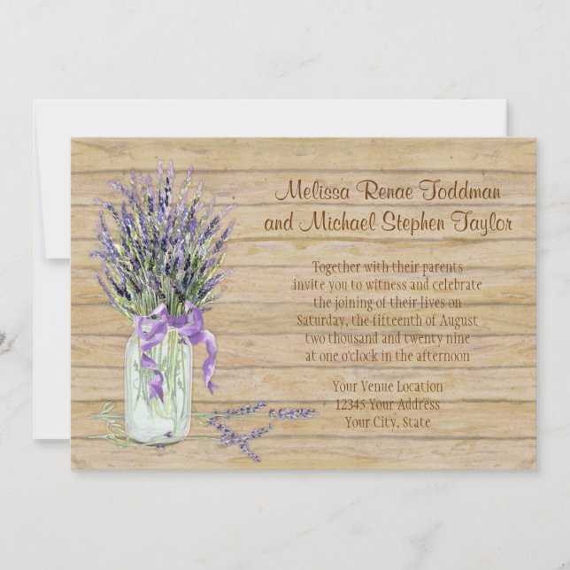 Rustic Mason Jar French Lavender Bouquet Wedding Invitation (Front)