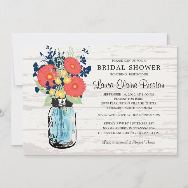 Rustic Mason Jar Gerber Daisies Bridal Shower Invitation (Front)