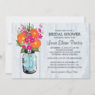 Rustic Mason Jar Gerber Daisies Bridal Shower Invitation