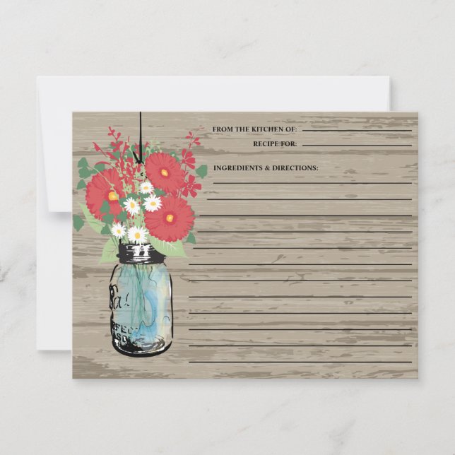 Rustic Mason Jar Gerber Daisies Recipe Card (Front)