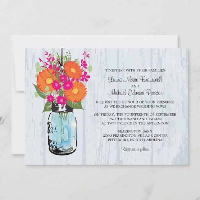 Rustic Mason Jar & Gerber Daisies Wedding Invitation (Front)