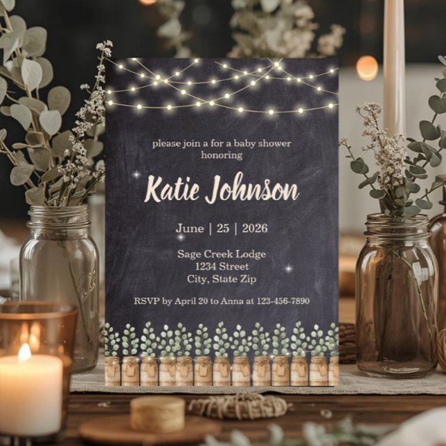 Rustic Mason Jar Greenery Baby Shower Invitation (Rustic chalkboard baby shower invite with mason jars, greenery & string lights for woodland themes)