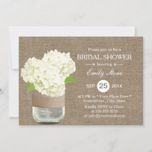 Rustic Mason Jar & Hydrangea Burlap Bridal Shower Invitation
