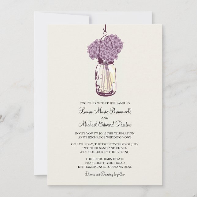 Rustic Mason Jar Hydrangeas Wedding Invitation (Front)