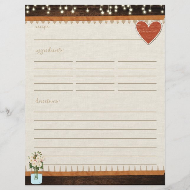 Rustic Mason Jar Kitchen Recipe Card Insert (Front)