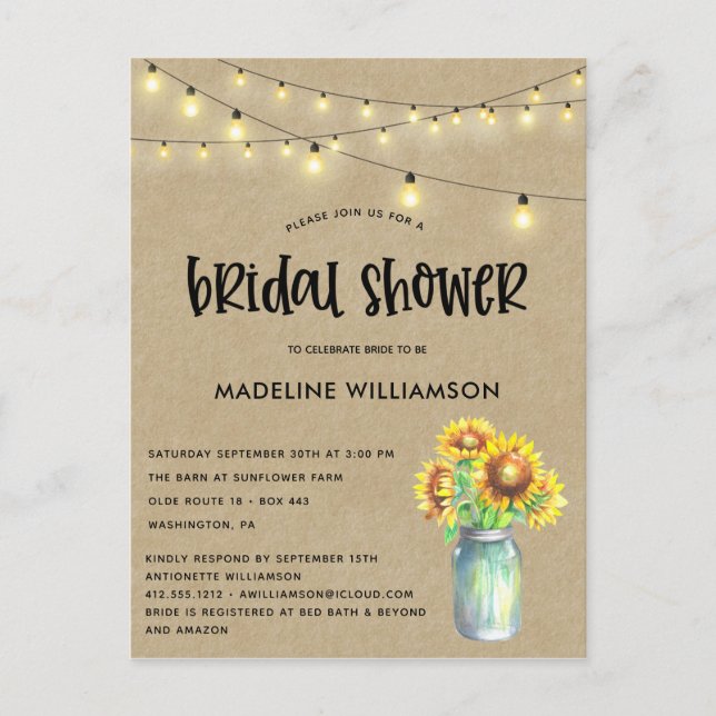 Rustic Mason Jar Kraft  Bridal Shower Invitation Postcard (Front)