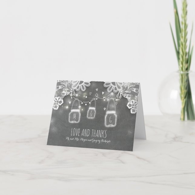 Rustic Mason Jar Lights and Lace Wedding Thank You Card (Front)