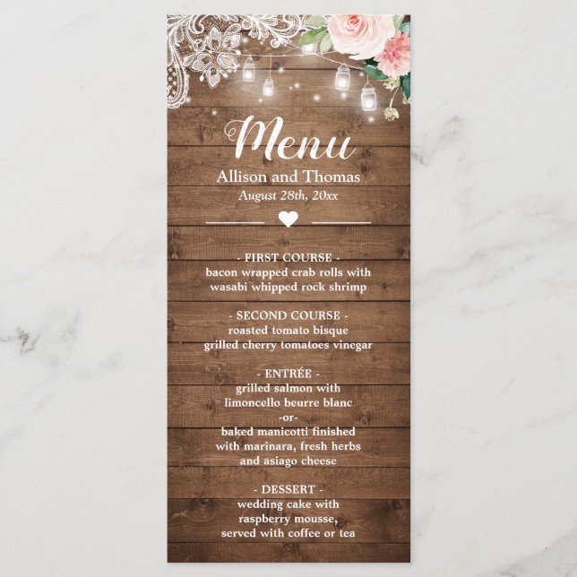 Rustic Mason Jar Lights Blush Floral Lace Wedding Menu (Front)