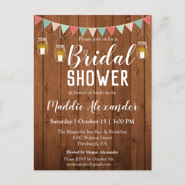 Rustic Mason Jar Lights Bridal Shower Invitation Postcard (Front)