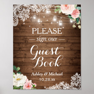 Rustic Mason Jar Lights Floral Lace Sign Guestbook