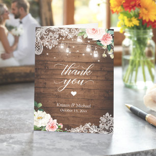 Rustic Mason Jar Lights Floral Lace Wedding Thank You Card