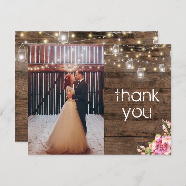 Rustic Mason Jar Lights Floral Photo Thank You Invitation (Front/Back)