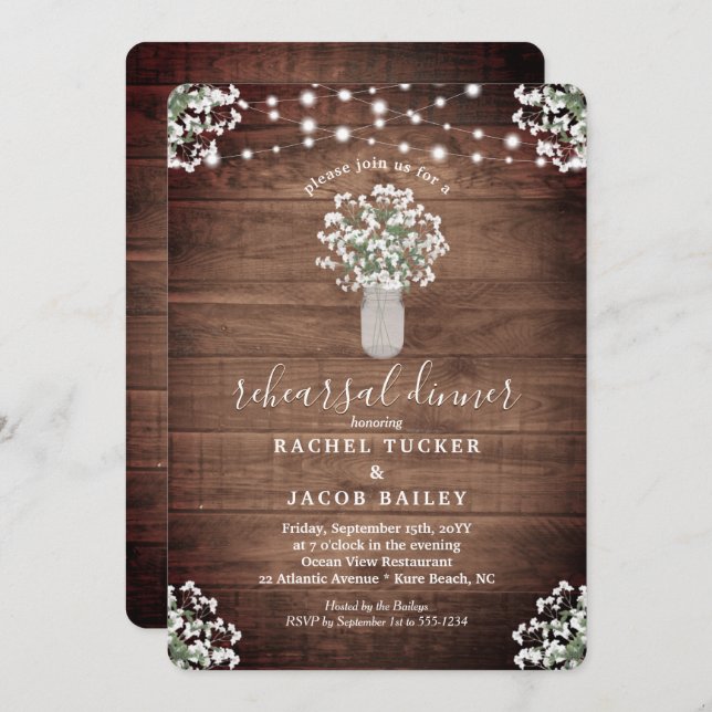 Rustic Mason Jar Lights Floral Rehearsal Dinner Invitation (Front/Back)