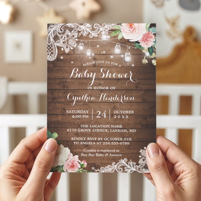 Rustic Mason Jar Lights Lace Floral Baby Shower Invitation (Creator Uploaded)