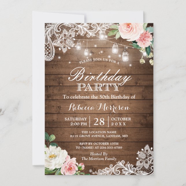 Rustic Mason Jar Lights Lace Floral Birthday Party Invitation (Front)
