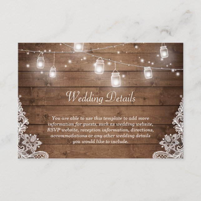 Rustic Mason Jar Lights Lace Wedding Details Info Enclosure Card (Front)