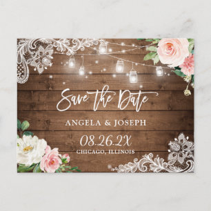 Rustic Mason Jar Lights Lace Wedding Save the Date Invitation Postcard