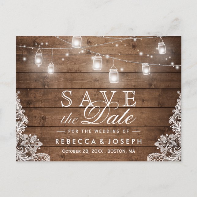 Rustic Mason Jar Lights Lace Wedding Save the Date Postcard (Front)