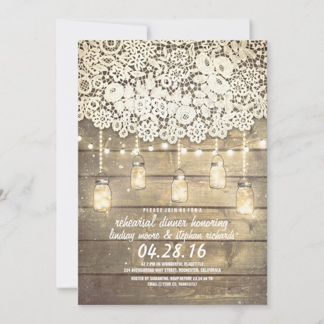 Rustic Mason Jar Lights Lace Wood Rehearsal Dinner Invitation (Front)