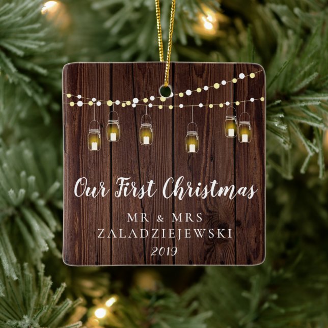 Rustic Mason Jar Lights Our First Christmas Ceramic Ornament (Tree)