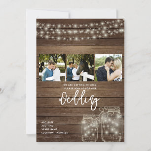 Rustic Mason Jar Lights Photo Collage Wedding Invitation