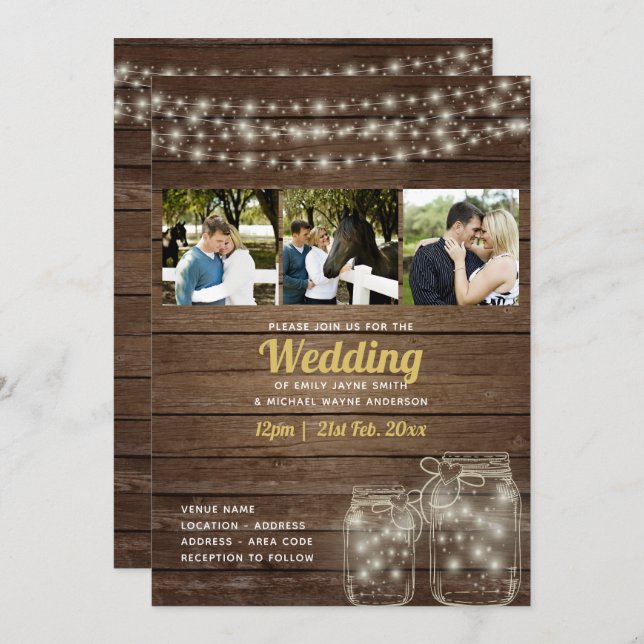 Rustic Mason Jar Lights PHOTO COLLAGE Wedding Invitation (Front/Back)