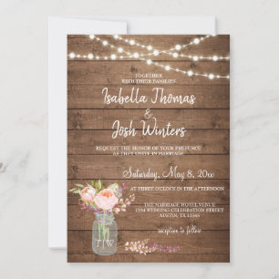 Rustic Mason Jar Lights Pink Peony Bouquet Wedding Invitation