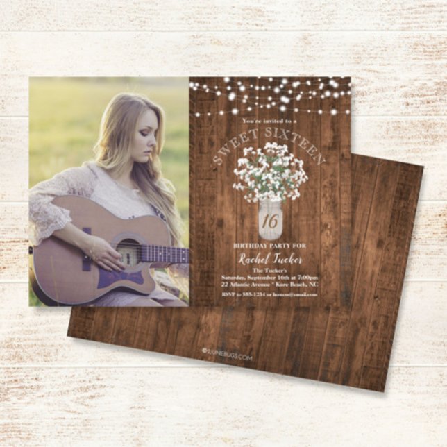 Rustic Mason Jar Lights Sweet 16 Birthday Photo Invitation (Creator Uploaded)