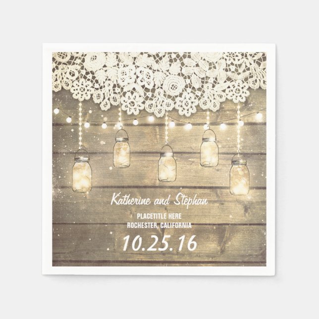 rustic mason jar lights wedding paper napkins (Front)