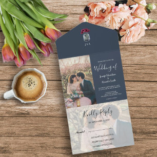 Rustic mason jar monogram photo blue Wedding All In One Invitation