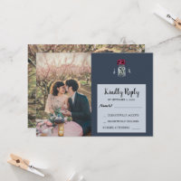 Rustic mason jar navy blue photo wedding RSVP card