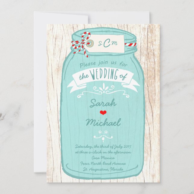 Rustic Mason Jar on Bark Illustrated Wedding Invitation (Front)