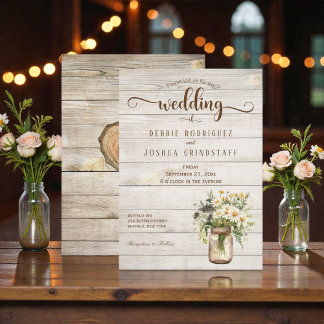 Rustic Mason Jar on Wood Wedding Invitation