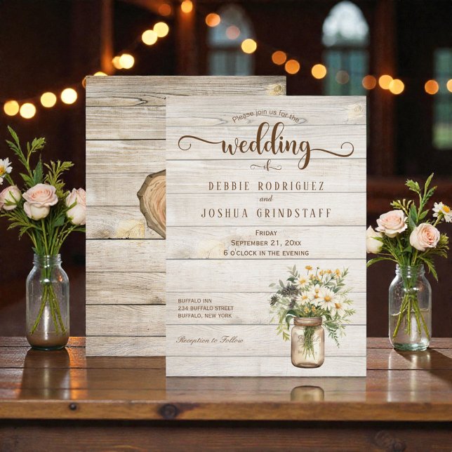 Rustic Mason Jar on Wood Wedding Invitation (Creator Uploaded)