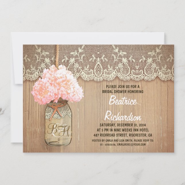 rustic mason jar pink hydrangea bridal shower invitation (Front)