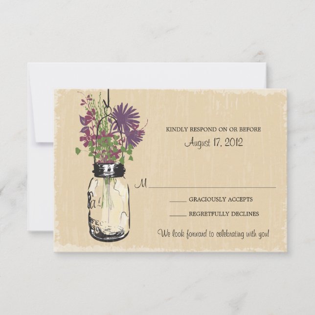 Rustic Mason Jar Purple Flowers Wedding RSVP (Front)