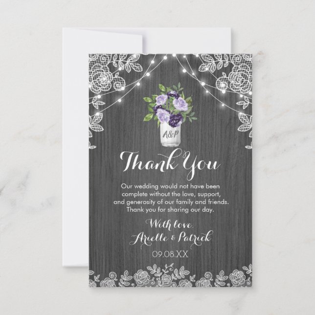 Rustic Mason Jar Purple Silver Grey Floral Wedding Thank You Card (Front)