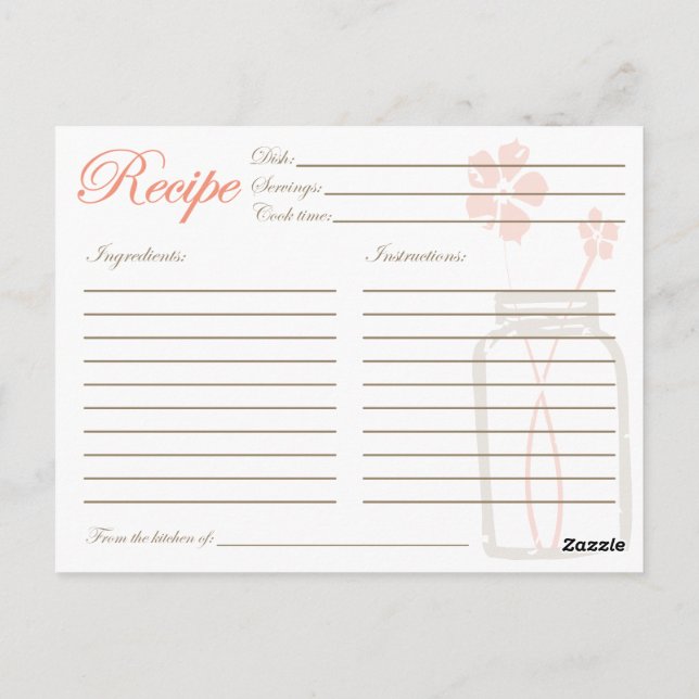 Rustic Mason Jar Recipe Shower Card Coral (Back)