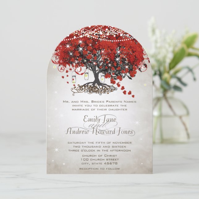 Rustic Mason Jar Red Heart Leaf Tree Wedding Invitation (Standing Front)