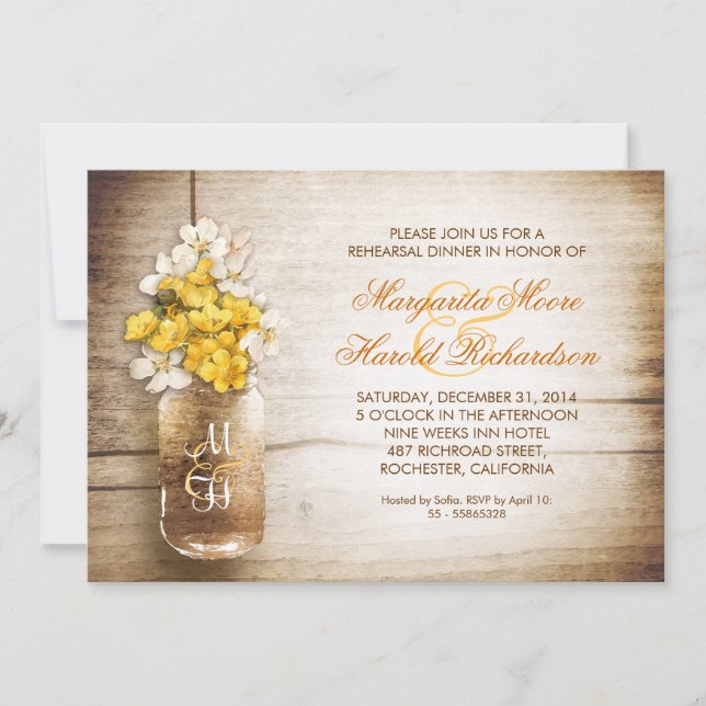 rustic mason jar rehearsal dinner invitations (Front)