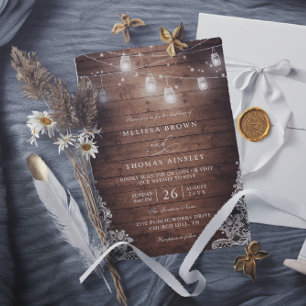 Rustic Mason Jar String Light Lace QR Code Wedding Invitation