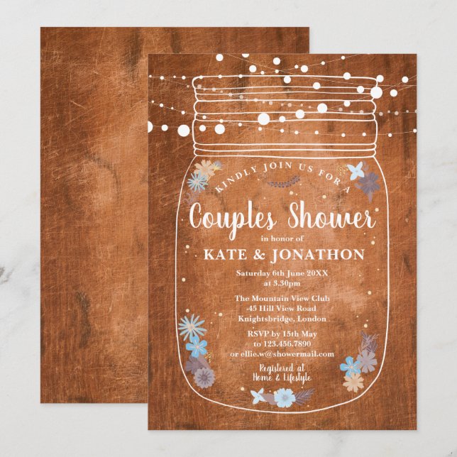 Rustic Mason Jar String Lights Couples Shower Invitation (Front/Back)