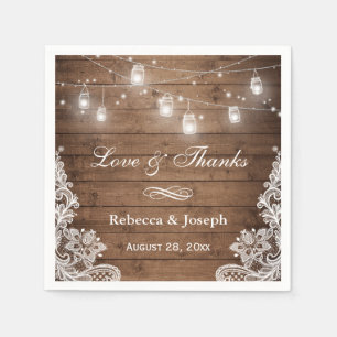 Rustic Mason Jar String Lights Lace Love Thanks Napkin