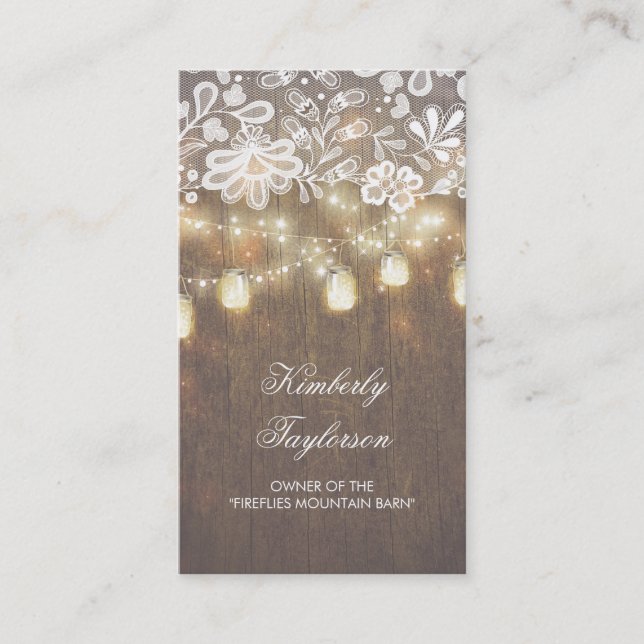 Rustic Mason Jar String Lights Lace Wood Barn Business Card (Front)