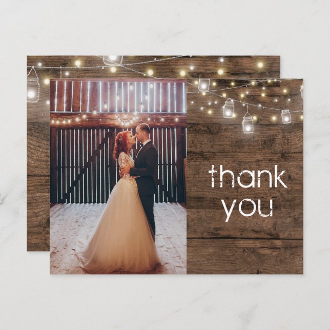 Rustic Mason Jar String Lights Photo Thank You Invitation (Front/Back)