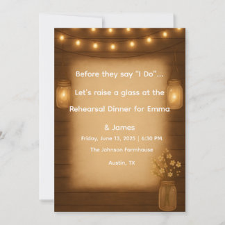 Rustic Mason Jar & String Lights Rehearsal Dinner Invitation