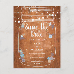Rustic Mason Jar String Lights Save the Date Announcement Postcard