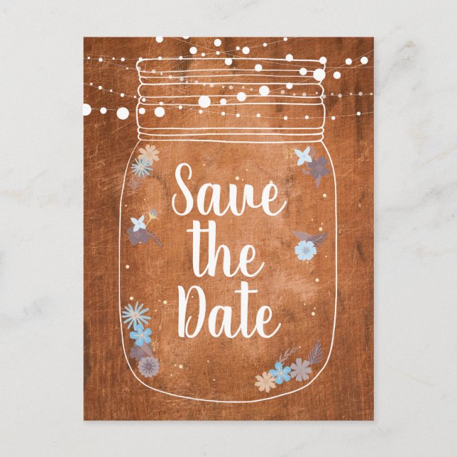 Rustic Mason Jar String Lights Save the Date Invitation Postcard (Front)