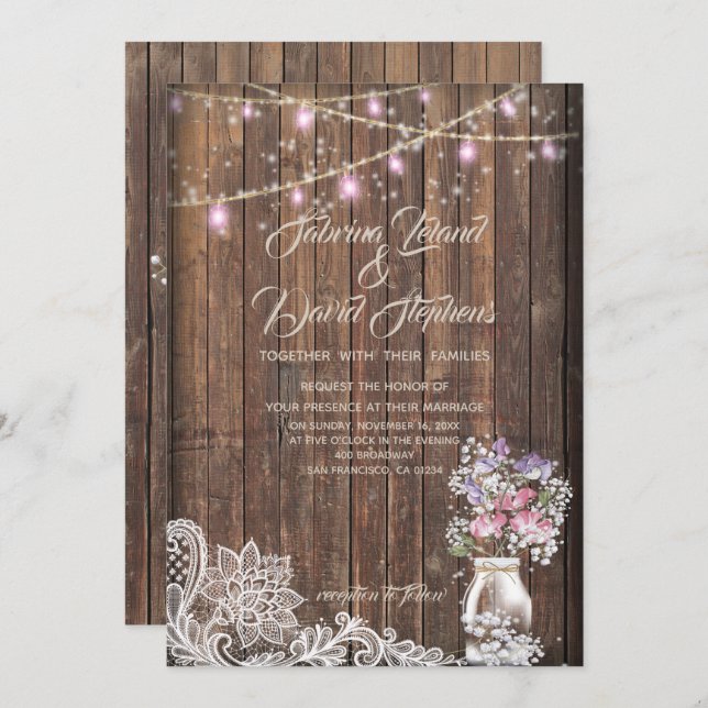 Rustic Mason Jar String Lights   theBarefootBride™ Invitation (Front/Back)